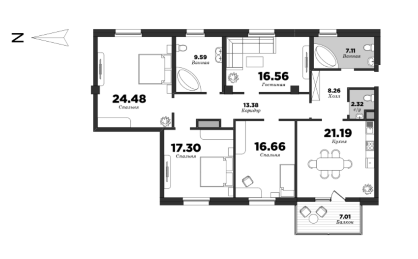 NEVA HAUS, 4 bedrooms, 140.13 m² | planning of elite apartments in St. Petersburg | М16